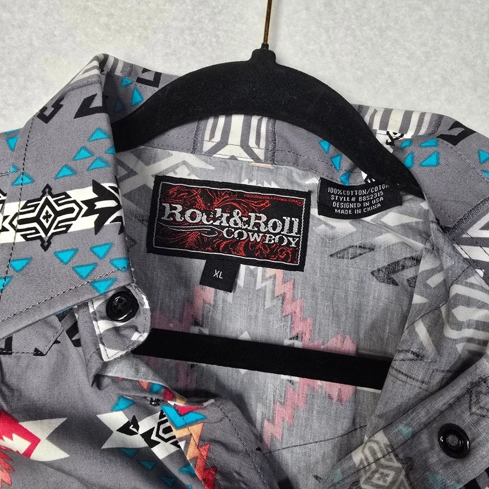 Rock & Roll Cowboy Boys XL Grey Aztec Western Snap Long Sleeve Shirt B8S2315